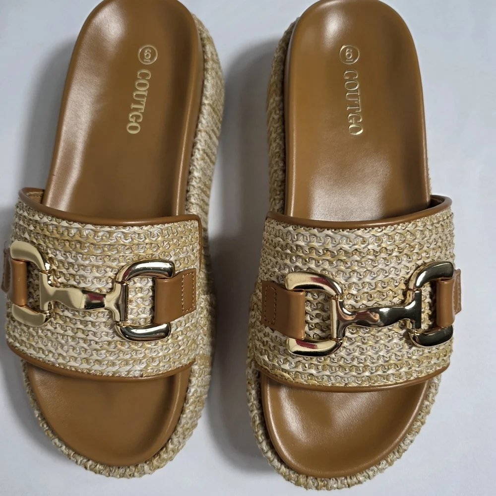 Coutgo Platform Slide Sandals Women Size 6 Woven Raffia Gold Horsebit Summer NEW